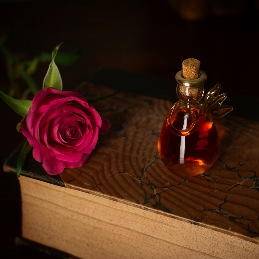 glass angel filled with whisky next to a rose